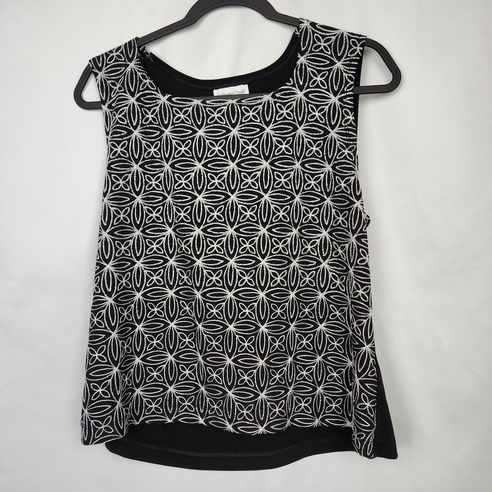 Coldwater Creek Womens Tank Top PXL Black White Floral‎ Pattern Stretch